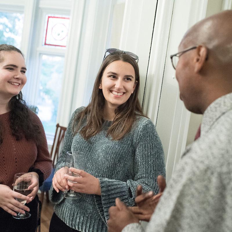 Admission counselors talk with students at the President's House as seen October 21, 2019 during the Creosote Affects photo shoot at Washington &amp; Jefferson College.